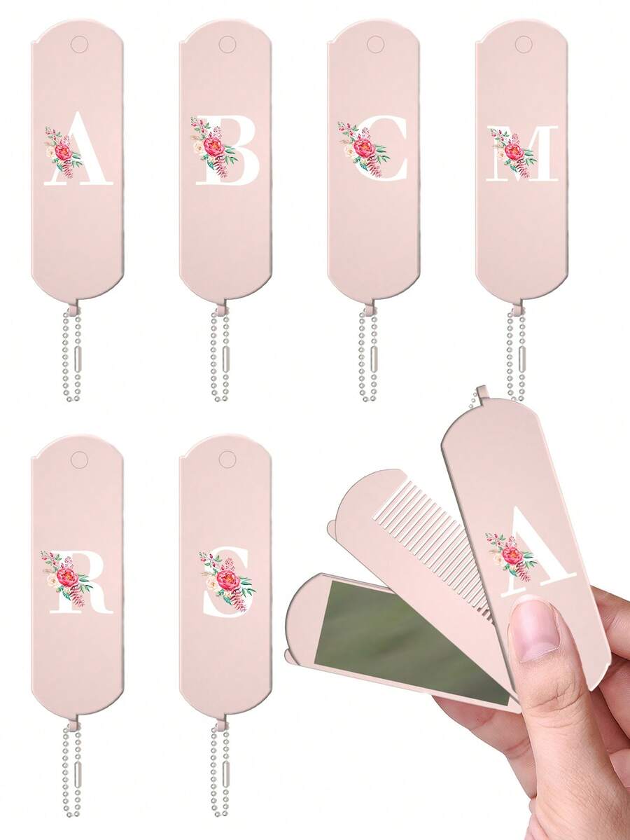 1 件二合一折叠梳子和化妆镜 - 便携式、个性化粉色花朵白色字母 A-Z 印花粉色镜子、手持镜子带挂链、桌面、现代旅行美容工具、带化妆镜的折叠梳、易于携带、非常适合旅行外出使用、两用镜梳、头皮按摩发梳、返校、旅行度假必需品、女士发饰