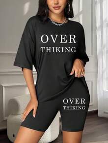 Women's Casual Simple Short-Sleeved Shorts Pajama Set - Black - View 1