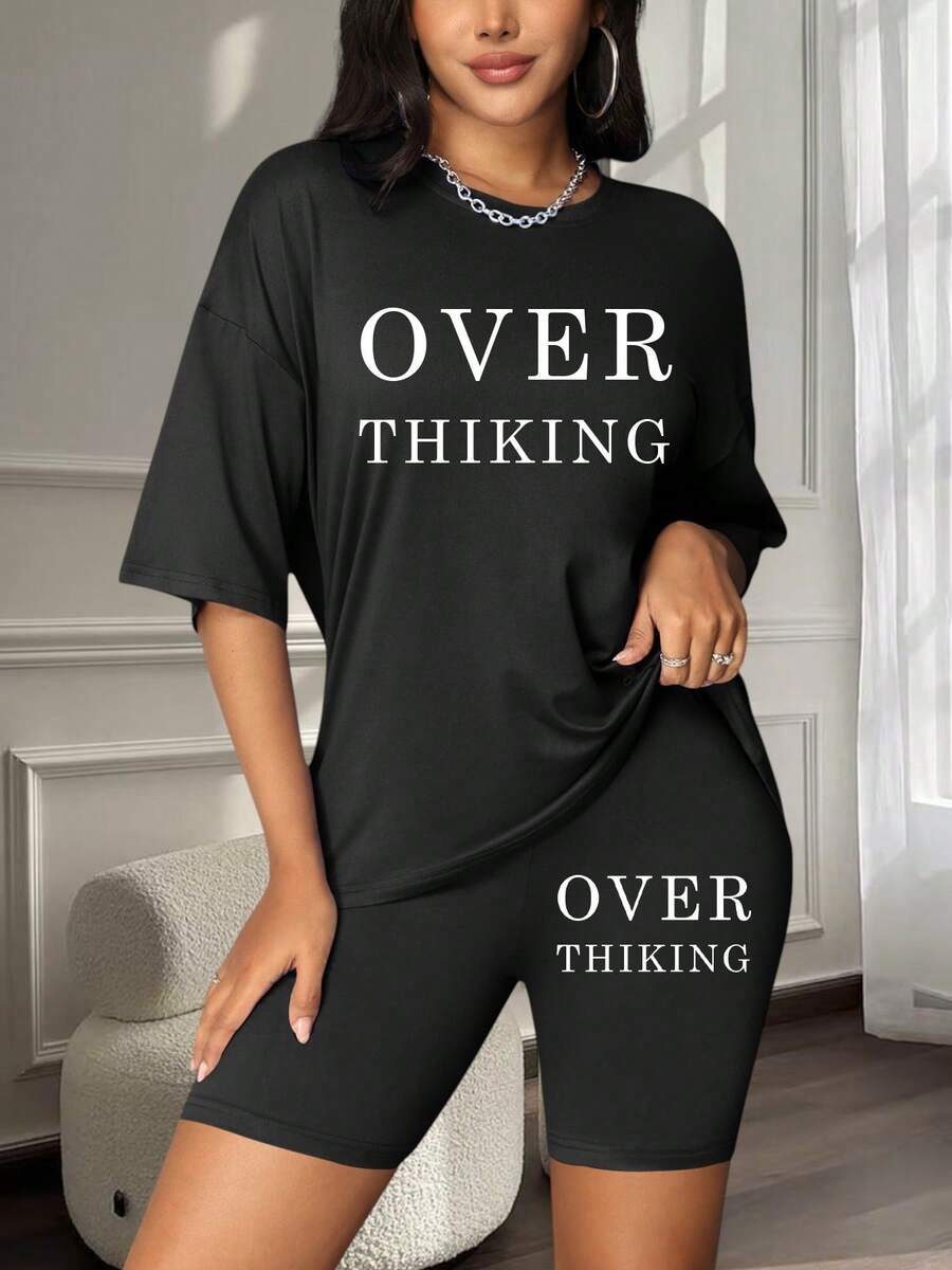 Women's Casual Simple Short-Sleeved Shorts Pajama Set - Black - View 1