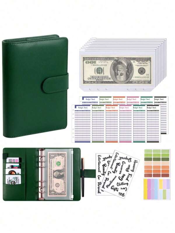 1 Peça Caderno de Couro PU Tamanho A6 Organizador de Orçamento com Bolsos para Envelopes de Dinheiro, Bolsa Pequena com Zíper para Orçamento, Organizador de Planejador Pessoal com Fichário de 6 Anéis, 8 Bolsos com Zíper, 12 Folhas de Cartão de Orçamento em Dinheiro e 2 Adesivos em Inglês + Adesivos Reescritíveis