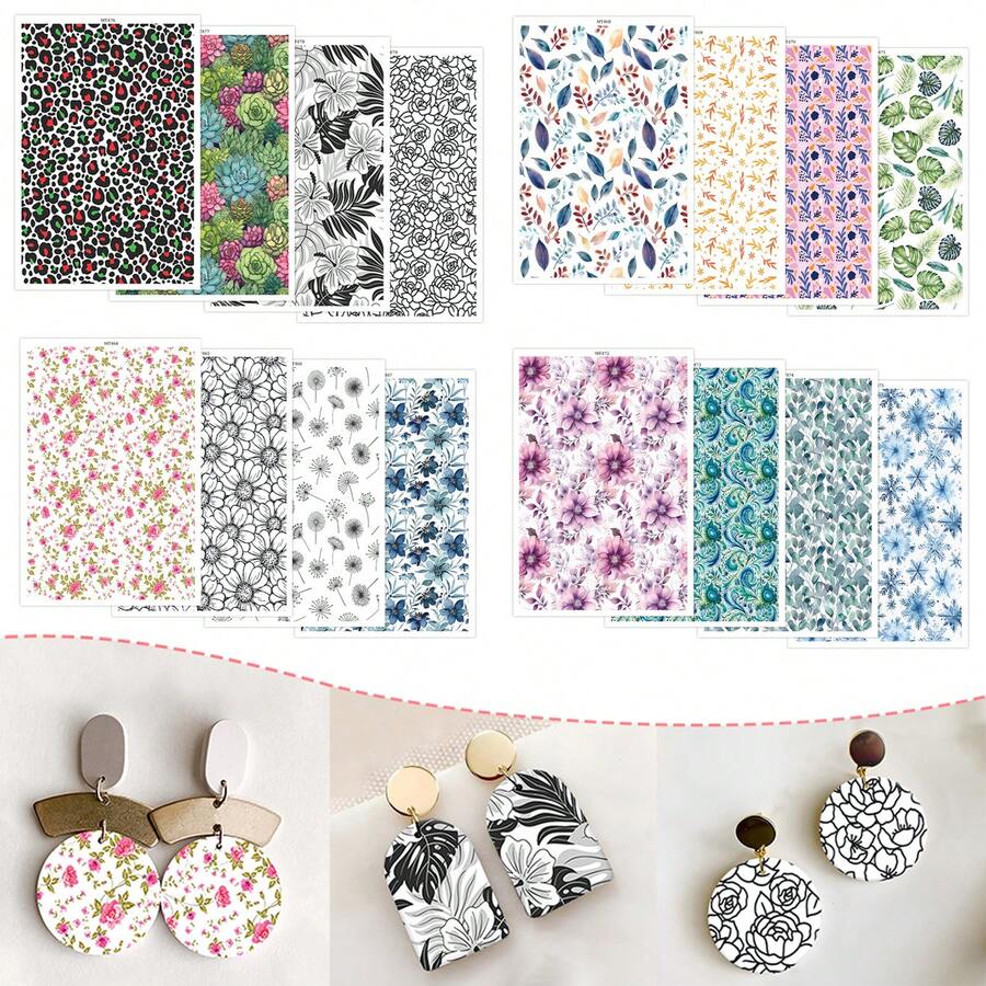 DONQE 美丽植物图案印花水转印纸，制作软陶瓷耳环，双面水粘土转印贴纸 DIY 手工模具