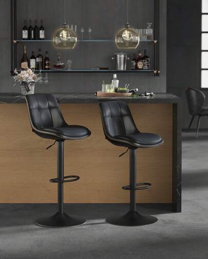 Tabourets de Bar, Lot de 2, Chaise de Cuisine, Siège Pivotant à Hauteur Réglable, flanelle/ PU, avec Dossier et Repose-Pieds, Salle à Manger, Comptoir, Acier,  Noir d'encre