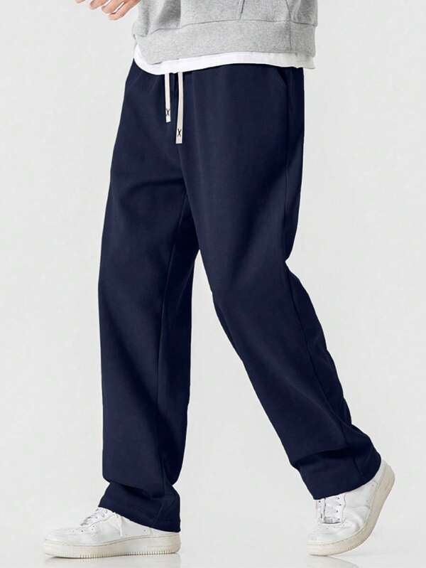 Black Knitted Plus Size Straight Leg Pants, Men's Casual Loose Minimalist Solid Color All-Match Versatile Sweatpants For Spring & Autumn