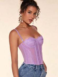 Women's Cropped Corset Lace Corselet Adjustable Strap  Corset Blouse Top - tử đinh hương - Xem 2