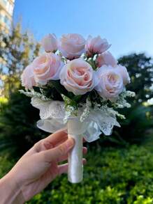 1PC Bridal Bouquet For Wedding; Lace Ribbon Tied Artificial White Rose Flower; Wedding Home Decoration; Wedding Ceremony; Bride's Hand-Held Flower; Church Wedding Ceremony Bridesmaid Prop; Outdoor Wedding Party Photography Decoration Prop