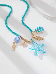 1 件海洋元素手工玻璃海星贝壳吊坠项链，蓝绿松石色波西米亚风种子串珠项链首饰适合海滩、度假、派对