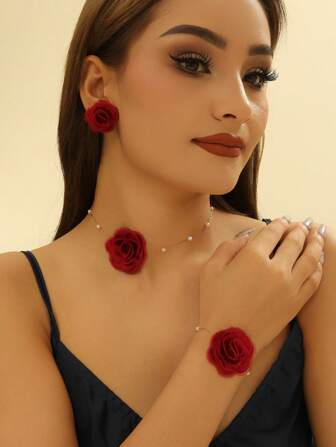 MESTILO 4pcs/Set 18K Stainless Steel Fabric Rose Necklace, Bracelet, Earrings Jewelry Set For Women, Daily/Dates (Pearl Quantity Random)