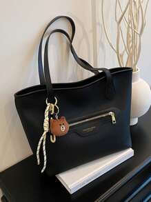 1 pezzo Borsa a tracolla tote di grande capacità, minimalista, borsa da scuola/viaggio casual con cerniera e decorazione a pendente a cartone animato