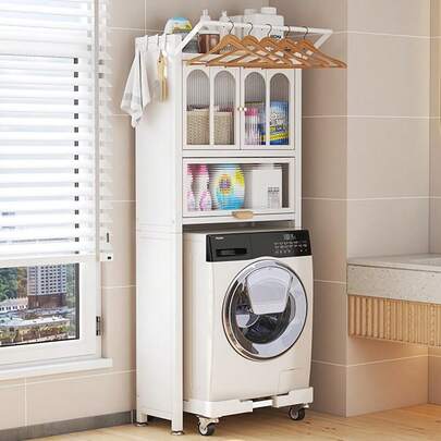 QEUUNEY Organización y Almacenamiento de Lavandería, Estantes de Metal para Lavadora y Secadora con Gabinete de Doble Puerta y Poste de Ropa Colgante, Ahorra Espacio y Resistente y Duradero