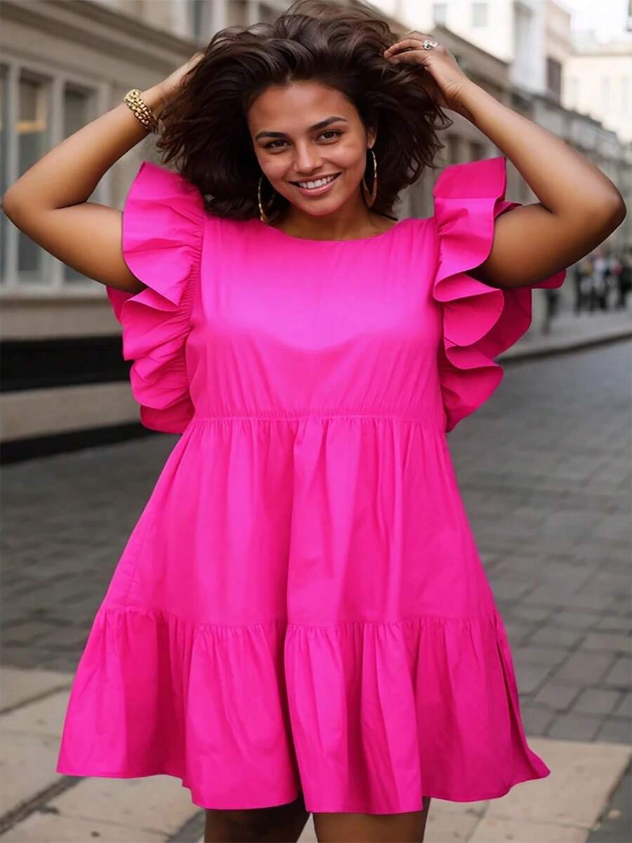 Plus Size Vacation Style Shiny Pink Round Neck Ruffle Hem Mini Dress - Pink - View 1