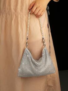 Lightweight,Casual Rhinestone Ring Linked Square Bag Evening Bag,Dinner Bag Glamorous,Elegant,Exquisite For Party Girl,Woman,Bride Perfect For Party,Dinner,Banquet,Gorgeous And Fashionable Sparkling Rhinestone Set With Diamond Knots, Hand-Held Dinner Bag