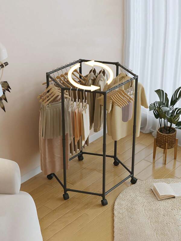 1 pièce Étendoir à vêtements sur pied, rotatif à 360°, avec roulettes coulissantes. Étagère hexagonale de stockage et de séchage, organisateur et cintre de vêtements grande capacité pour usage domestique