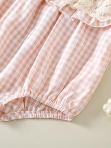 Baby Girl Summer Fashion Cute Ruffle Hem With Mesh Lace Trim Bodysuit, Woven Ruffle Sleeves Back Button Opening, Suitable For Festival Parties And Daily Wear - Pink - View 4