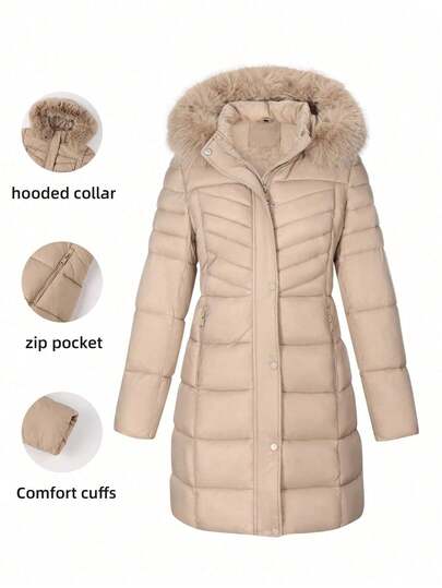 Giolshon Women's Fashionable Portable Down Jacket With Faux Fur Collar And Hood, An Essential Warm Outerwear For Autumn/Winter
