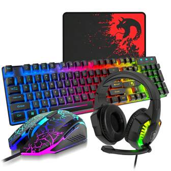 FREEWOLF Teclado y ratón con retroiluminación LED arcoíris con cable, auriculares over-ear con micrófono, ratón y alfombrilla de juego, para PC