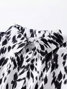 Casual Summer Loose Leopard Print Tie-Up Shirt With Turndown Collar & Short Sleeve, Ruffled Hem Midi Dress White Elegant - White - View 3