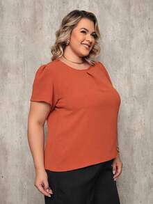 ONLYONE - PLUS SIZE WOMEN'S BLOUSE, SHORT SLEEVE, PRINCESS, PLEATED NECKLINE, LIGHT DUNES - ELEGANT WOMEN'S BLOUSES, LARGE - 棕色 - 查看 4