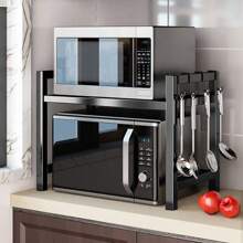 Expandable Kitchen Microwave Stand With 6 Hooks Designed For Efficient Utensil Organization, Adjustable Width Suitable For Most Microwave Ovens, Promoting Orderliness And Convenience In The Kitchen