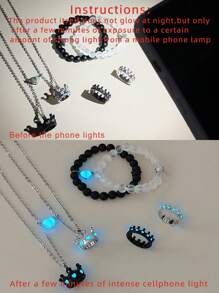 ATLVXJL 6pcs/Set Luminous Couple/Friendship Crown 3D Stainless Steel Chain Glow Magnetic Heart Necklace Bracelet Ring Set, Casual Jewelry Suitable For Daily Wear And Valentine's Day Gift