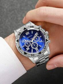 1 件男士高端大表盘金色合金和不锈钢石英表，带蓝光玻璃，圆形表盘，非机械