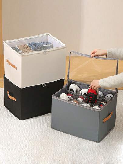 1pc Large Cloth Shoe Storage Box With Lid, Waterproof And Dustproof Foldable Storage Box, Multi-Purpose, All-In-One, Suitable For Home School Dormitory Wardrobe Cube Shoe Storage Box, Dustproof And Moisture-Proof Washable Storage Box, Multiple Ways To Use