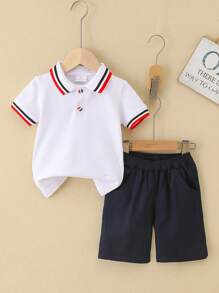 2pcs Boys' Casual Summer Set - Striped Polo Shirt And Loose Fit Knee-Length Shorts, Suitable For Sports Events