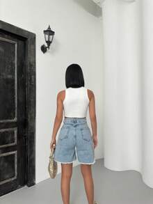 Women's High Waist Jeans Shorts Bermuda Casual Frayed Hem Light Wash Jeans Shorts With Pockets - Blue - View 4