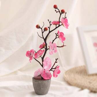 1pc Artificial Plum Blossom Potted Plant, With Flower Pot, Silk Plum Flower Branch, Suitable For Home Dining Table, Wedding Bouquet, Party Decor, Japanese Sushi Restaurant Decor