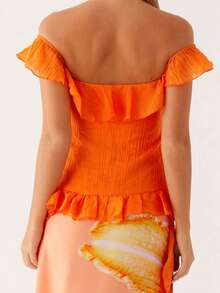 Women Off Shoulder Tops Ruffle Trim Solid Color Backless Showing Navel Shirts Summer Streetwear - Orange - View 7