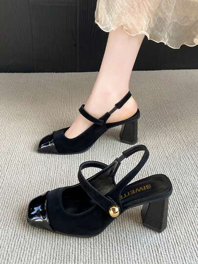 2025年春季新款法式复古黑色玛丽珍高跟鞋，复古方头粗跟露跟鞋，优雅