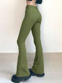 女士Y2K喇叭牛仔裤，带口袋，绿色，秋季款 - 軍綠色 - 查看 3