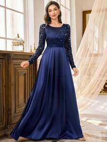 MIUSOL Sequin Floral Lace Contrast Satin Pleated Hem Long Sleeve Evening Party Maxi Dress, Semi Formal Women Dress, For Wedding Guest, Graduation, Homecoming