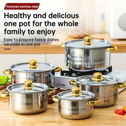 5 Piece Stainless Steel Cookware Set With Lid, Colorful Stock Pot Set, 5 Piece Cookware Set, Cooking Pot, Stock Pot, Pot Set With Lid, Boxed Pot Set, Cooking Pot Set, Kitchen Tools, Can Be Used For Christmas Valentine's Day Thanksgiving Potluck, Gift Set