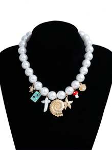 Faux Pearl Marine Life Necklace And Earring Set, With Assorted Charms - Starfish, Shell, Turtle, Mushroom Jewelry Set