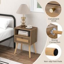 GOFLAME Rattan Nightstand Set Of 2, Boho Bedside Table With Solid Wood Legs, Drawer & Open Shelf, Modern End Table With Storage For Bedroom, Living Room - Khaki - View 5