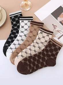 5 Pairs Women's Striped Letter Pattern Socks, Multi-Color, Elegant Retro Style Fashionable Versatile Sports Socks, Spring/Summer