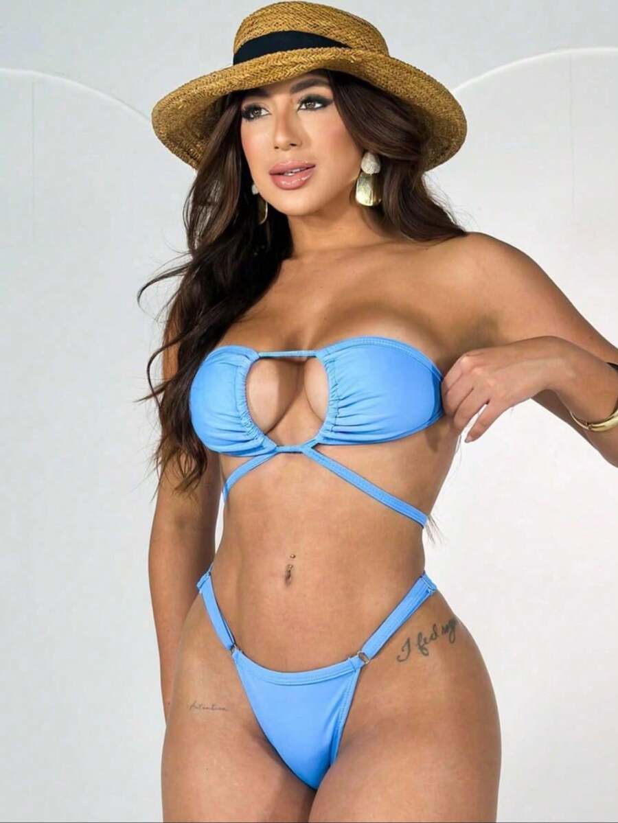 Women's Ribbon Bikini Bronze Adjustment Summer Carnival Beachwear Set - Baby Blue - View 1