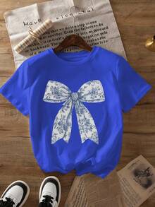 1 Pack Girls Casual Printed Crew Neck Short Sleeve T-Shirt Summer Student Youth Clothing - 藍色 - 查看 1