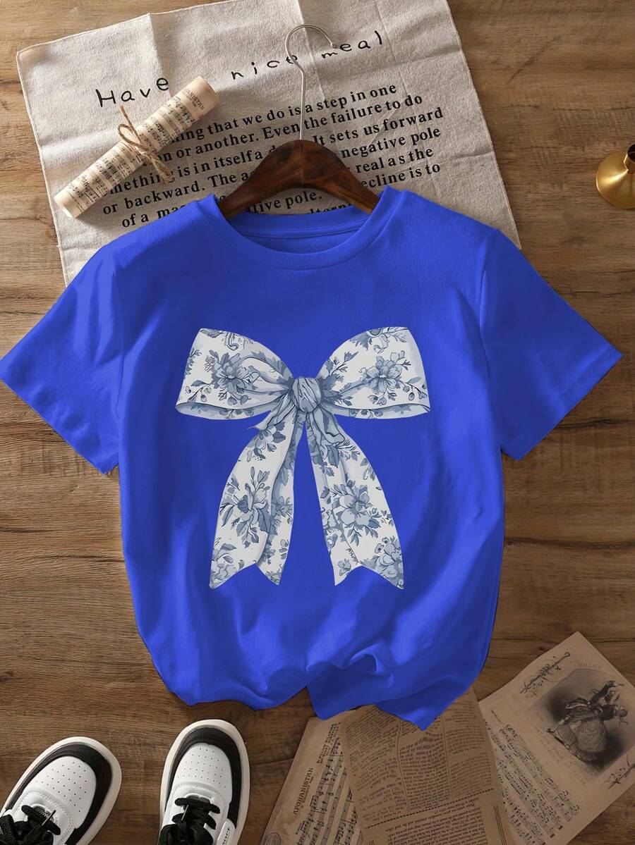 1 Pack Girls Casual Printed Crew Neck Short Sleeve T-Shirt Summer Student Youth Clothing - 藍色 - 查看 1