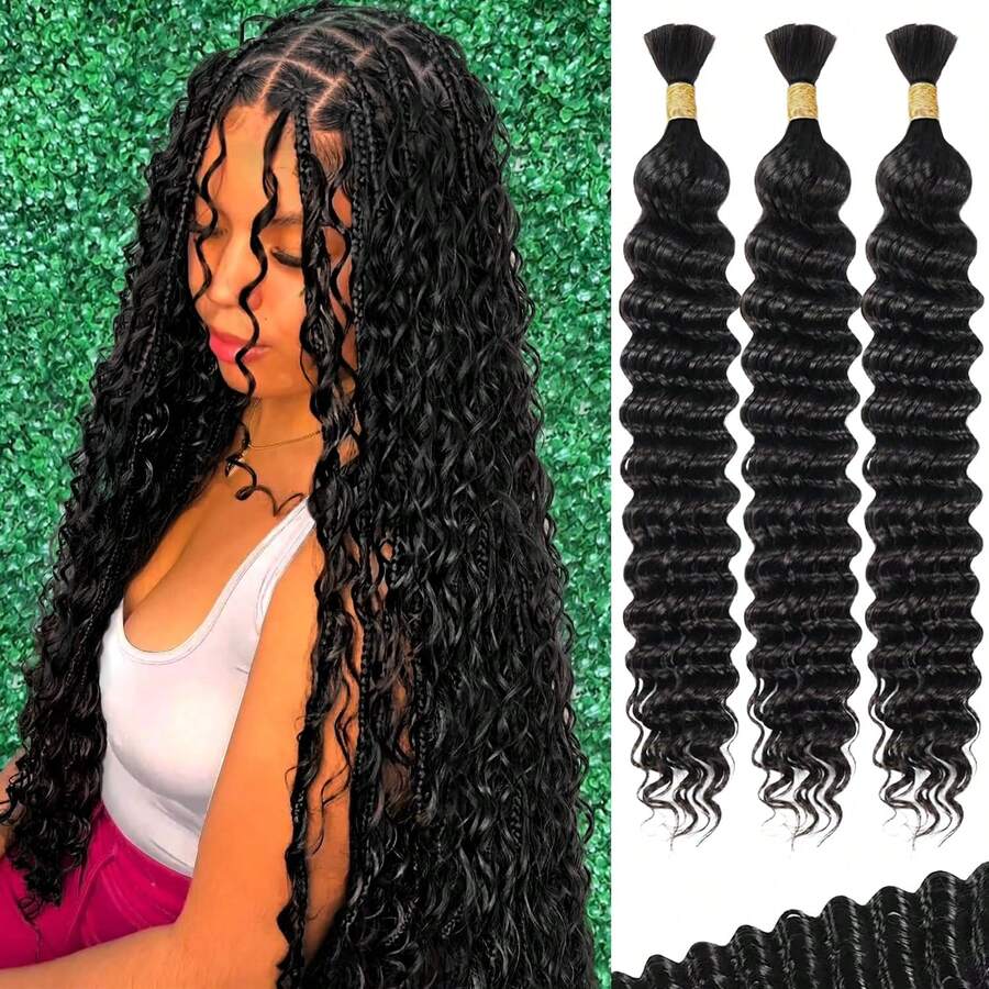 22 Inch Human Braiding Hair For Boho Braids Deep Wave Bulk Human Hair 100% Unprocessed Brazilian Virgin Hair For Braiding Bohemian No Weft 3 Bundles 110g Natural Color