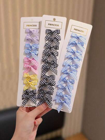 10pcs/50pcs Girls Plaid Fabric Bowknot Hair Clips Set