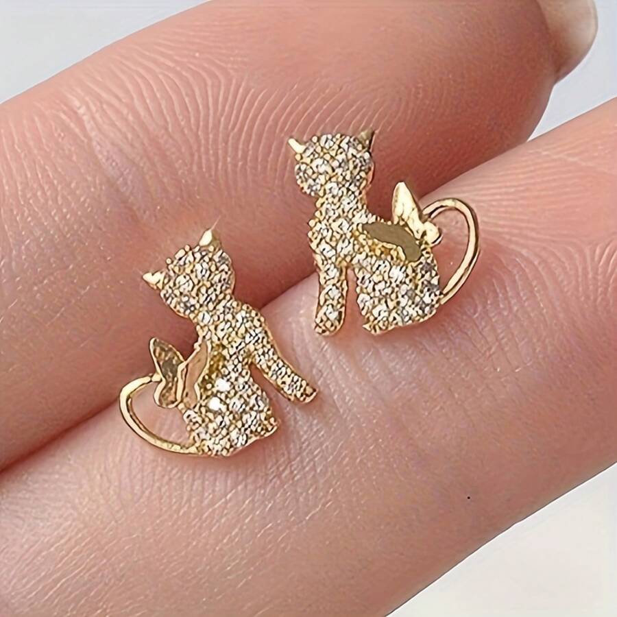 2025 New Women's Fashion Cat Earrings - Shining Synthetic Cubic Zirconia, Nickel-Free Copper Material, Suitable For Daily Wear And Party Gifts
