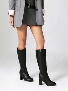 Women's Fashion Thick Heel Over-The-Knee Boots, Round Toe Versatile Side Zipper Sexy Punk Boots, Suitable For Autumn & Winter - Black - View 5