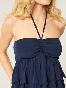 Women's Multi-Layer Ruffle Drawstring Sleeveless Halter Neck Top, Spring & Summer - Navy Blue - View 5