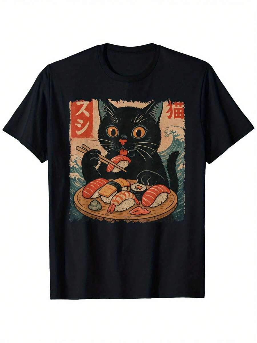 Kawaii Black Cat Eating Sushi Anime Japanese Ukiyo-E Art T-Shirt Street Style Sleeve Tee, Comfort Fit Man'S Tee Ultra Soft Breathable Casual Summer Tee, Must-Have Fashionable Tee Gift,100% Pure Cotton Short Sleeved Shirt, Suitable For Summer, Loose Casual Round Neck, Men's Letter Printed T-Shirt - Black - View 1