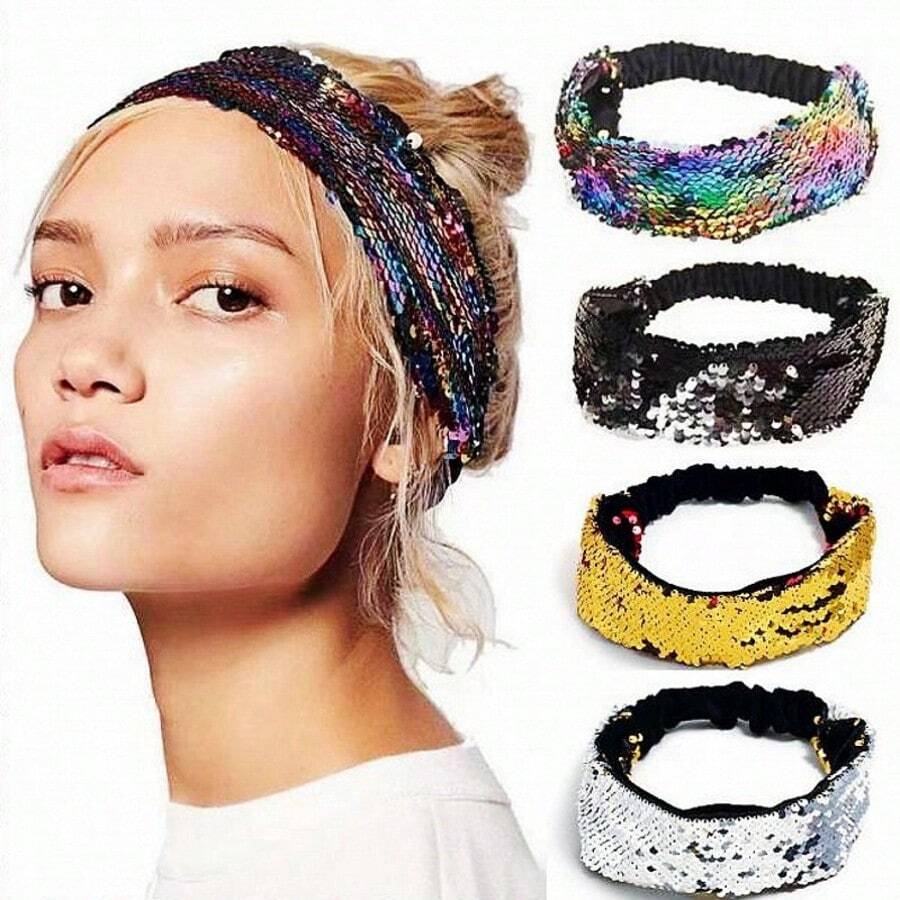 Reversible Colorful Shiny Sequin Mermaid Scales Headband, Sparkling Bohemian Polyester Material Hair Band Turban Headband Sweatband - Silver - View 1