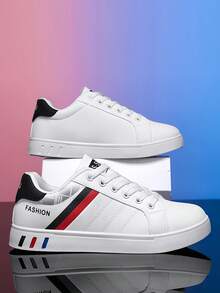 Men's White Leather Boat Shoes, Breathable Casual Sneakers, Student Flat Deck Shoes, Korean Fashion Casual White Leather Shoes - White - View 4