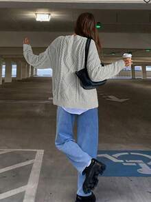 FOR BEAUTY Autumn And Winter New Round Neck Twisted Flower Long Sleeve Knitted Sweater Tops Women Loose Light Gray Simple Fashion Commuting Style Women's Sweater Light Gray Long Sleeve Casual Lazy Style Warm Top - 淺灰色 - 查看 2