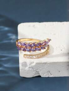 1pc Zirconia Double Row Open Ring, Suitable For Everyday Wear - Gold + Purple - View 3