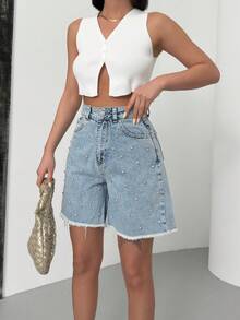 Women's High Waist Jeans Shorts Bermuda Casual Frayed Hem Light Wash Jeans Shorts With Pockets - Blue - View 6